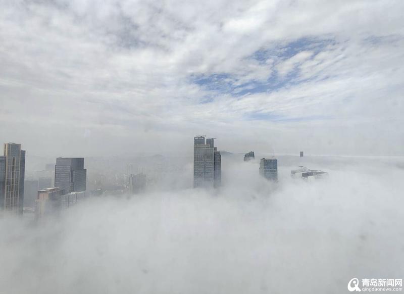 大雾实拍青岛楼宇间浓雾 好似漫步云间“腾云驾雾”